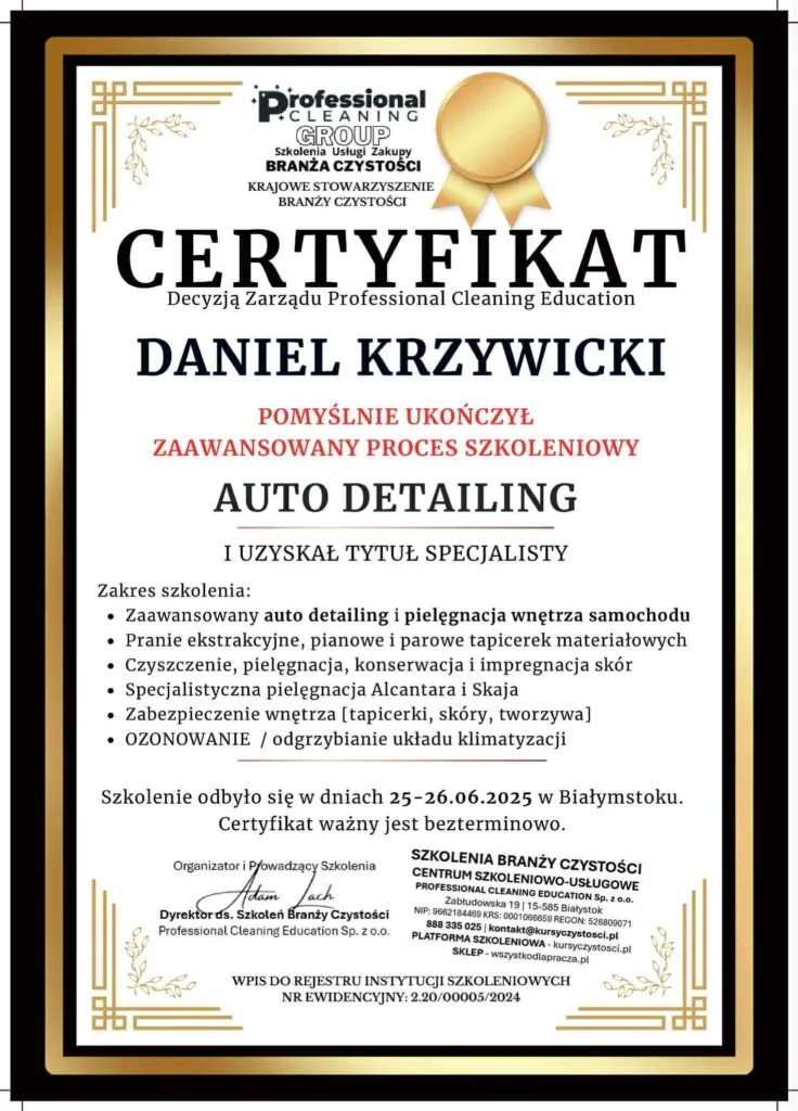 Certyfikat specjalisty auto detailingu: Daniel Krzywicki