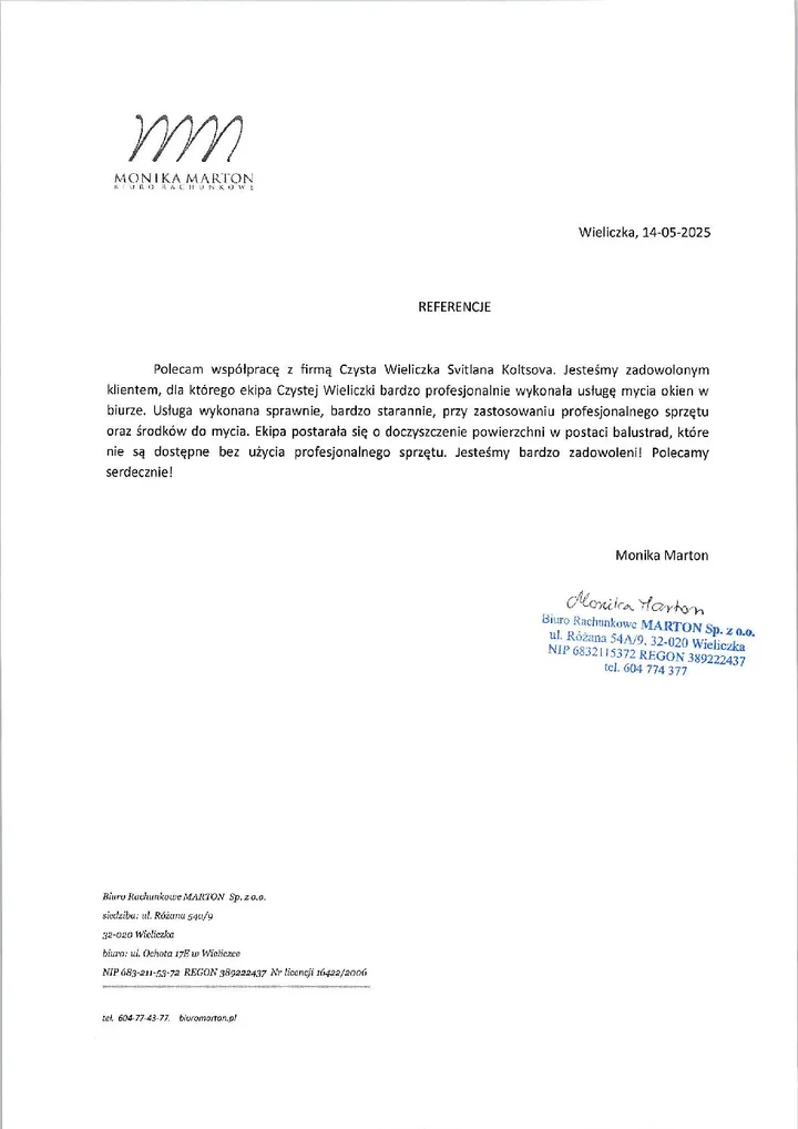Referencje od Biura Rachunkowego Marton