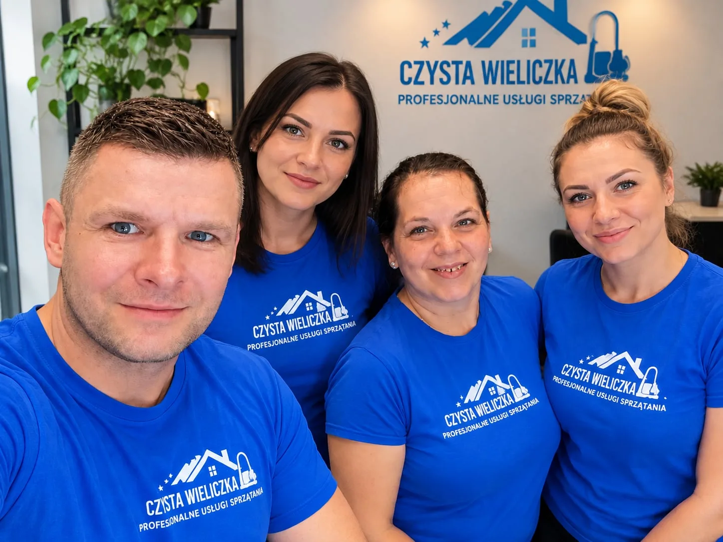 Ekipa Czystej Wieliczki w firmowych koszulkach przed ścianą z logo firmy