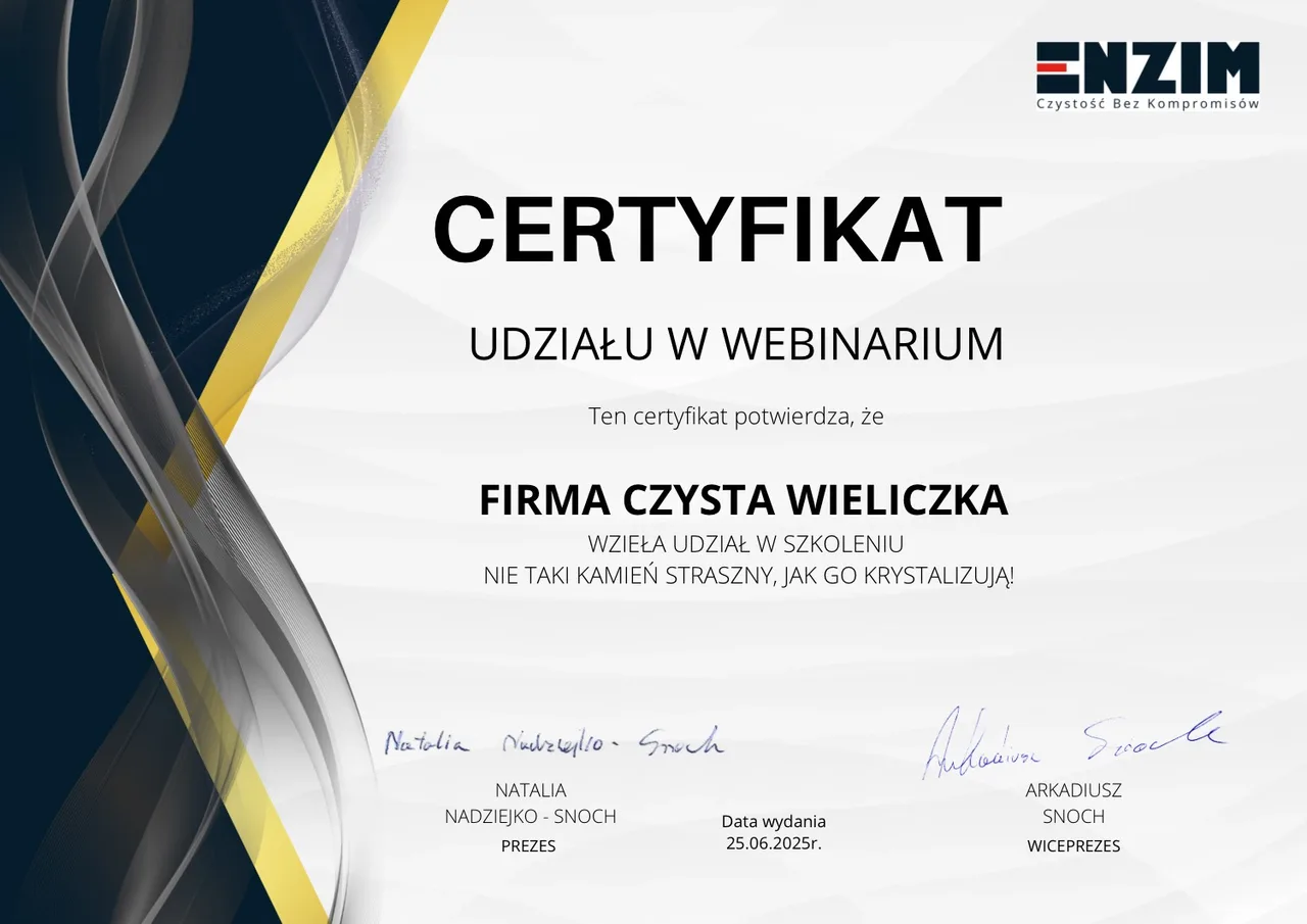 Certyfikat udziału firmy Czysta Wieliczka w webinarium ENZIM o krystalizacji kamienia