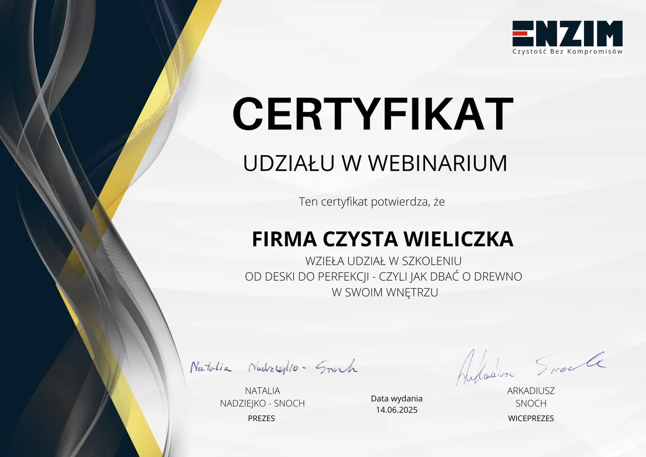 Certyfikat udziału firmy Czysta Wieliczka w webinarium ENZIM o pielęgnacji drewna we wnętrzach