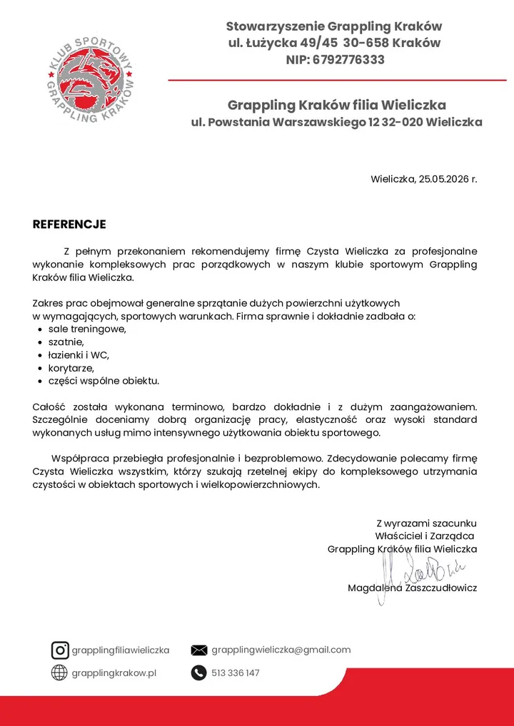 Referencje od klubu sportowego Grappling Kraków filia Wieliczka