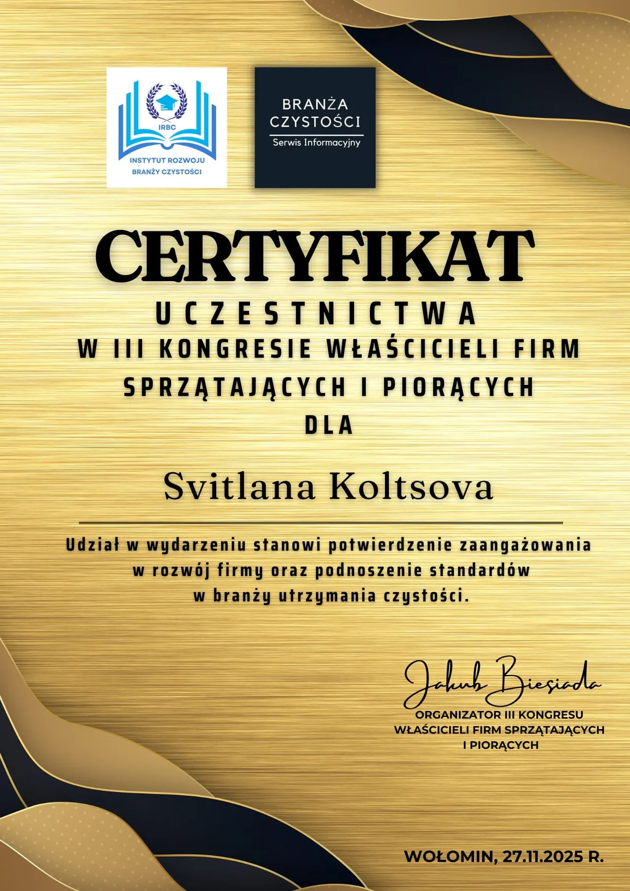 Certyfikat z III Kongresu Właścicieli Firm Sprzątających i Piorących: Svitlana Koltsova