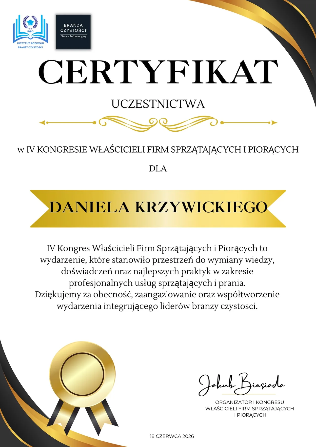 Certyfikat z IV Kongresu Właścicieli Firm Sprzątających i Piorących: Daniel Krzywicki