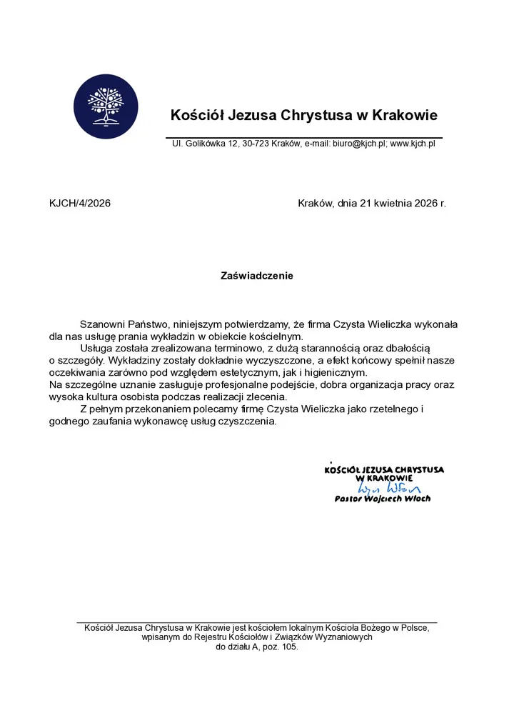 Zaświadczenie od Kościoła Jezusa Chrystusa w Krakowie