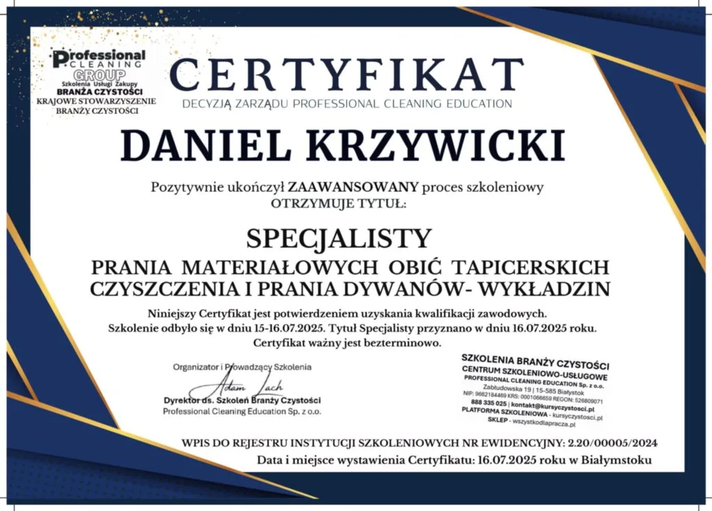Certyfikat specjalisty prania materiałowych obić tapicerskich: Daniel Krzywicki