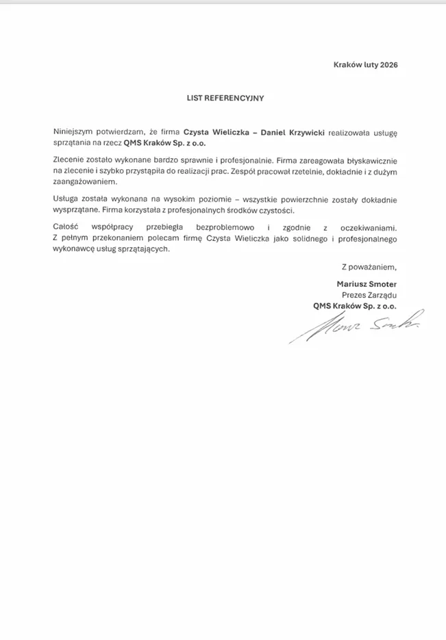 List referencyjny od QMS Kraków Sp. z o.o.