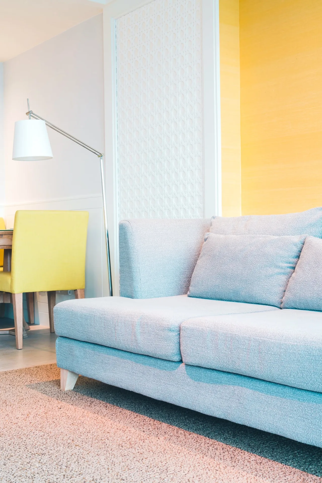 Czysty salon z niebieską sofą i jasnym dywanem