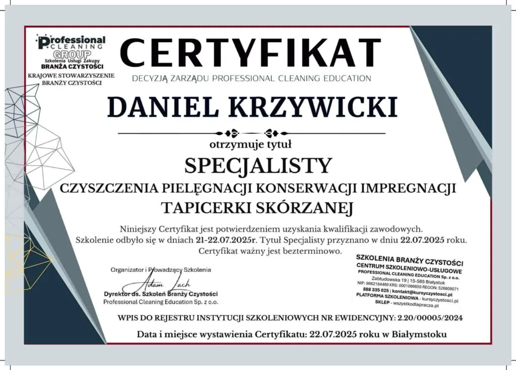 Certyfikat specjalisty czyszczenia i impregnacji tapicerki skórzanej: Daniel Krzywicki